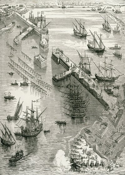 O Cerco de Rochelle, de A História da França, de Emile de Bonnechose, publicado pela Ward, Lock and Co, Londres de English School