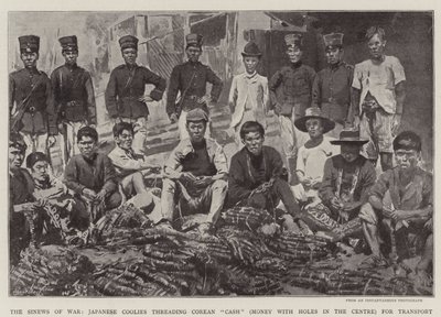 Os Sinews of War, os Coolies japoneses a lançar o Corean "Cash" (dinheiro com buracos no centro) para o transporte (litho) de English School
