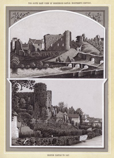 A Vista Sudeste do Castelo Brecknock, Século XVIII; Castelo Brecon até hoje (litho) de English School