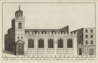 A perspectiva do sudoeste da Igreja Paroquial de Santa Catarina Cree em Leadenhall Street, Londres de English School