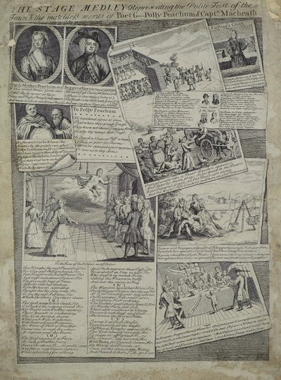 The Stage Medley representando o gosto educado da cidade e os méritos incomparáveis do poeta G., Polly Peachum e Captain Macheath, c.1728 de English School