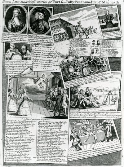 The Stage Medley representando o gosto educado da cidade e os méritos incomparáveis do poeta G., Polly Peachum e Captain Macheath, c.1728 de English School