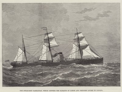 O navio a vapor Sarmatian, que transporta o Marquês de Lorne e a Princesa Luísa para o Canadá (gravura) de English School