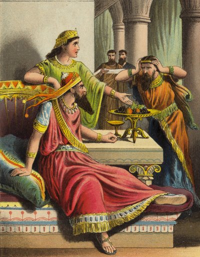 A História da Rainha Esther: Esther acusa Haman (cor litho) de English School