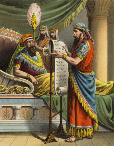 A História da Rainha Esther: O rei Assuero ouve de Mordecai no livro dos discos (cor litho) de English School