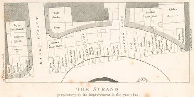 The Strand, Londres, antes de sua melhoria no ano de 1810; plano da área de English School