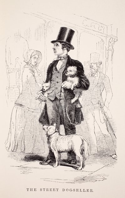 O cão-vendedor da rua, ilustração do trabalho de Londres e pobre de Londres por Henry Mayhew, bar. 1862 de English School