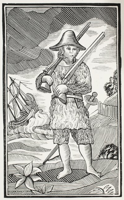 A vida surpreendente e as aventuras as mais estranhas de Robinson Crusoe da cidade de York, navegador, ilustração dos Chapu-livros do século XVIII por John Ashton, bar. 1882 de English School