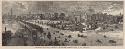 O Thames Embankment, Whitehall, mostrando o terreno reivindicado pelo governo de English School