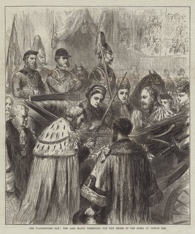 O Dia de Acção de Graças, o Senhor Presidente da Câmara apresenta a Espada da Cidade à Rainha no Temple Bar (gravura) de English School