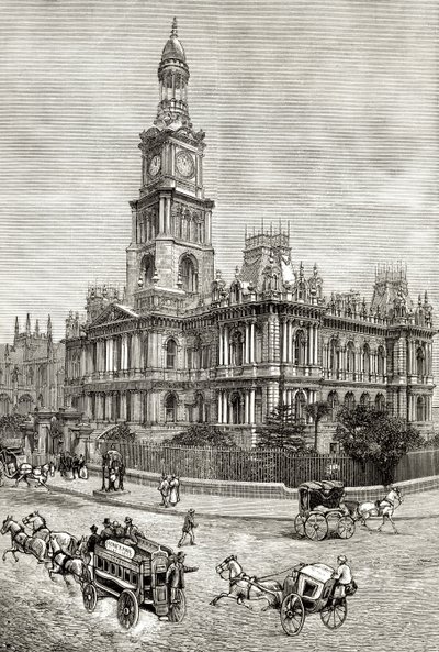 The Town Hall, Sidney, c.1880, de &39;Australian Pictures&39;, de Howard Willoughby, publicado pela Religious Tract Society, Londres, 1886 de English School