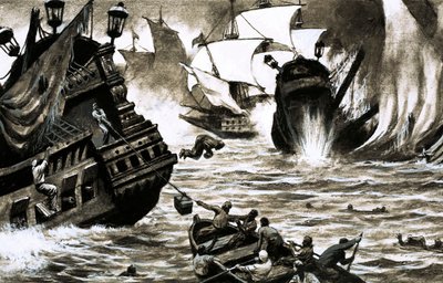 Os Caçadores de Tesouros: O Plunder Afundado de Espanha (guache no papel) de English School