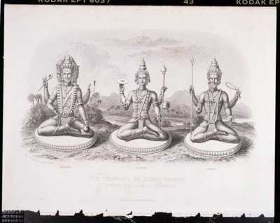 Trimurti ou Trindade Hindu, gravada por A. Thorn, de World Religion, publicado por A. Fullarton & Co. de English School
