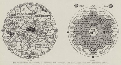 The Unification of London, a Proposal for Defining and Equalising the New Municipal Areas (gravura) de English School