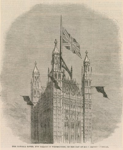 A Torre Victoria, novo Palácio de Westminster, no dia do funeral Sir C Barnets de English School