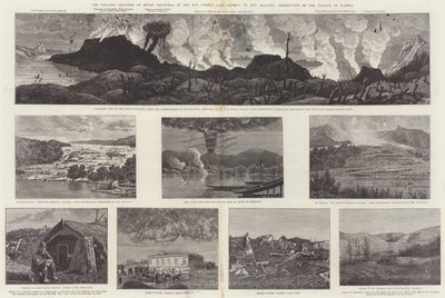 A Erupção Vulcânica do Monte Tarawera, no distrito de Hot Springs Lake da Nova Zelândia, Destruição da Vila de Wairoa (gravura) de English School