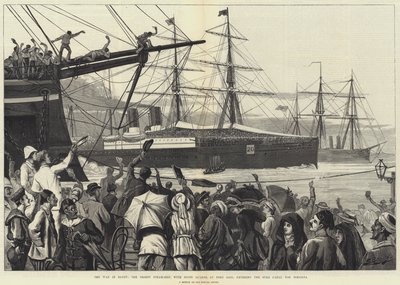 A guerra no Egipto, o navio a vapor do Oriente, com guardas escoceses, em Port Said, entrando no Canal de Suez para Ismailia (gravura) de English School
