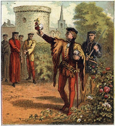 A Guerra das Duas Rosas (1455-1485): o início do conflito. Um Senhor da Casa Real de York escolhe uma rosa branca e outro da Casa Real de Lancaster escolhe uma rosa vermelha. Ilustração da Guerra Civil Inglesa, nascida da divisão do su de English School