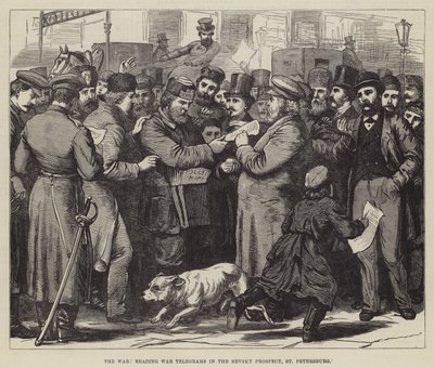 A Guerra, lendo Telegramas de Guerra no Prospecto Nevsky, São Petersburgo (gravura) de English School