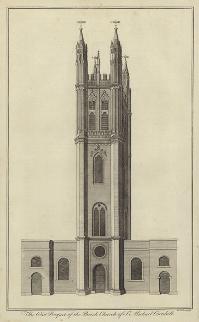 A perspectiva ocidental da igreja paroquial de St Michael, Cornhill, Londres de English School