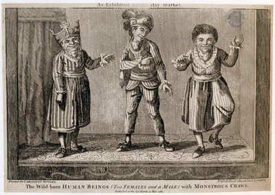 Os Seres Humanos Nascidos (Duas Fêmeas e um Macho) com Monstruoso Craws, como Exibido no Haymarket, imprimiram para Carington Bowles, 1787 de English School
