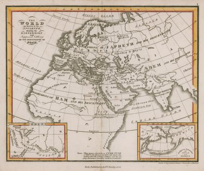 O mundo como conhecido pelos antigos, mostrando a dispersão e a suposta colonização dos descendentes de Noé de English School