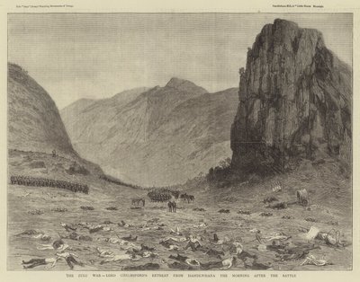 A Guerra Zulu, retiro de Lord Chelmsford de Isandlwhana a Manhã após a Batalha (gravura) de English School