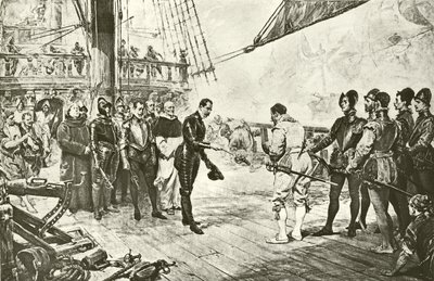 O almirante da Armada Espanhola se rende a Drake (gravura) de English School