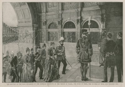 A chegada na entrada principal do Instituto Imperial do Príncipe de Gales, o Duque de York, a Duquesa de Teck e a Princesa May de English School