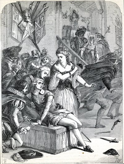 Assassinato de Gustavus III por Jackob Johan Anckarström num baile de máscaras, Estocolmo, Suécia, 1792 (gravura) de English School