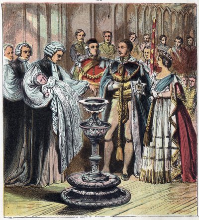 O batismo do Príncipe de Gales, que se tornou Rei Eduardo VII (1841-1910), na presença de seus pais, a Rainha Vitória 1 (1819-1901) e o Príncipe Alberto de Saxônia Cobourg Gotha (Saxônia-Coburgo-Gotha de English School