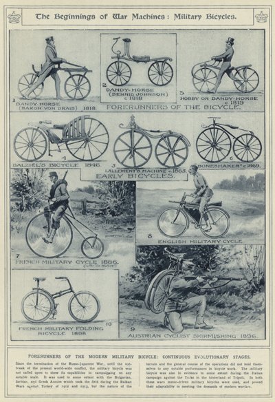 O começo de máquinas de guerra, bicicletas militares, precursores da bicicleta militar moderna, estágios evolutivos contínuos de English School