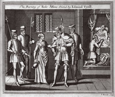 A queima da mão de Rose Allins por Edmund Tyrill, ilustração de Foxes Martyrs c.1703 de English School