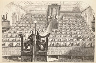 A capela, no sistema separado, na prisão de Pentonville, durante o serviço divino, ilustração das prisões criminais de Londres e cenas da vida da prisão por Henry Mayhew e por John Binny, bar. 1862 de English School
