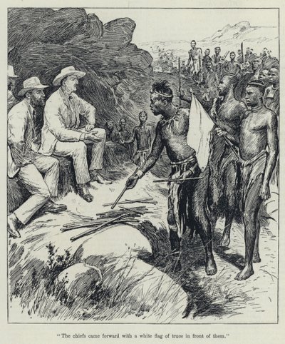 "Os chefes se apresentaram com uma bandeira branca de tréguas na frente deles" (litho) de English School
