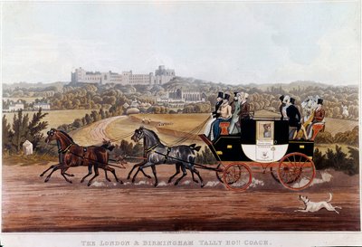 O treinador (diligência) que liga Birmingham à London Lithograph da escola de inglês. Coleção particular do século XIX de English School
