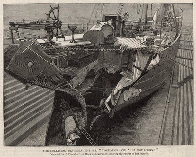 A colisão entre os Toreadores da SS e La Bourgogne; vista do Toreador na doca em Liverpool de English School