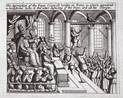 A descrição do Conselho Papas realizada em Roma, em que apareceu uma coruja monstruosa, ao desfiguramento total do Papa, e todo o seu clero, ilustração de Atos e Monumentos por John Foxe, nono ed de English School