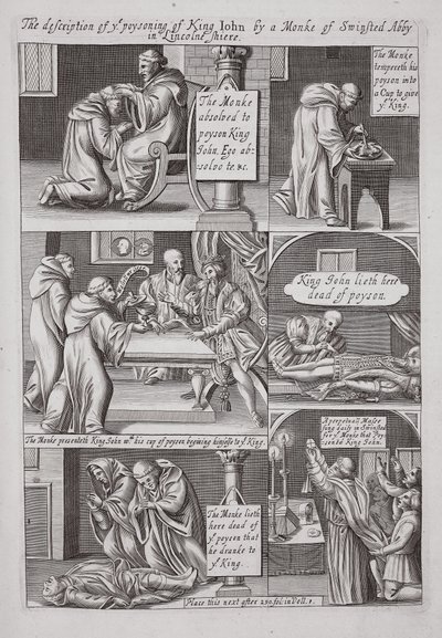 A descrição do envenenamento do rei John por uma monge da abadia de Swinstead em Lincolnshire, ilustração dos atos e monumentos por John Foxe, nona edição, bar. 1684 de English School