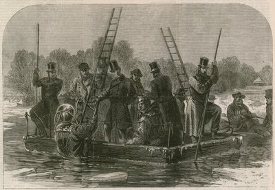 O desastre no gelo no Regents Park; Mergulhadores procurando pelos mortos de English School