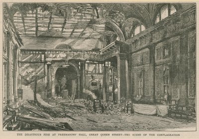 O incêndio desastroso no Freemasons Hall, na Great Queen Street, em Londres de English School