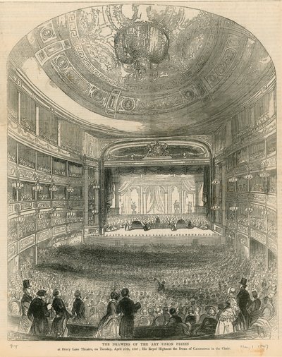 O desenho dos prêmios Art Union no Drury Lane Theatre em 27 de abril de 1847 de English School