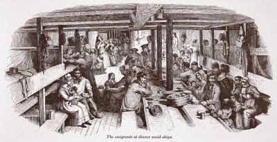 Os emigrantes no jantar em meio a navios de English School