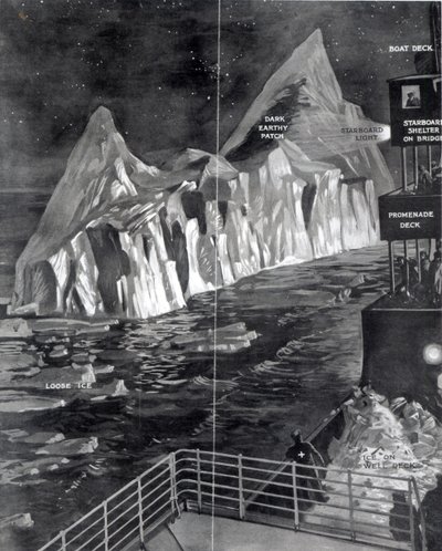 O famoso iceberg visto por J. Scarrott a bordo do Titanic, 1912 de English School