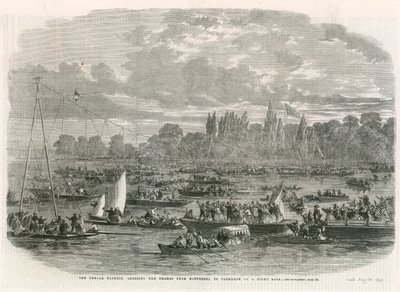 A fêmea Blondin cruzando o Tâmisa de Battersea a Cremorne em uma corda bamba de English School