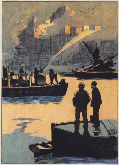 Os bombeiros a trabalhar no rio (cor litho) de English School