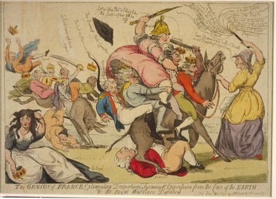 O gênio da França extirpando o despotismo, a tirania e a opressão da face da terra, Ou os guerreiros reais derrotados, 1792 (gravura à mão colorida) de English School