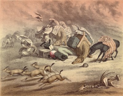 O grande deserto africano, a caravana de camelos, cavalos e jumentos, alcançados pelos Simoom, assustaram as gazelas de English School