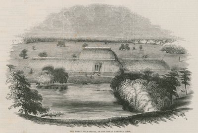 A grande casa de palmeiras no Royal Gardens, Kew, Londres de English School