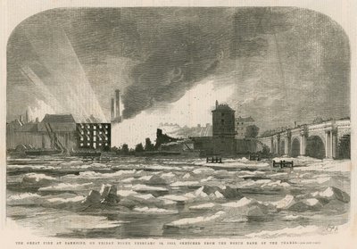 O grande incêndio em Bankside na noite de sexta-feira, 14 de fevereiro de 1855, esboçado a partir da margem norte do Tâmisa de English School